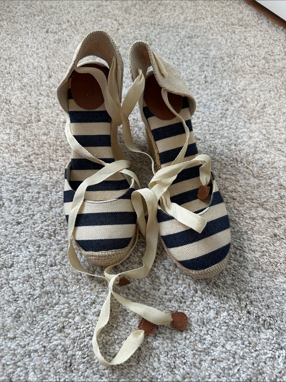 NWOT Striped Espadrille Wedges with Ankle Ties - Navy & Cream